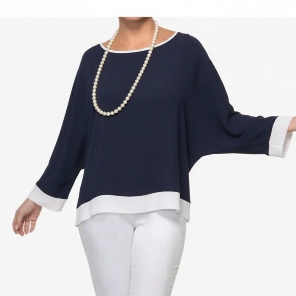Gretchen Scott Georgette Navy White Contrast Trim Woven Blouse 3/4 Sleeve Sz M/L